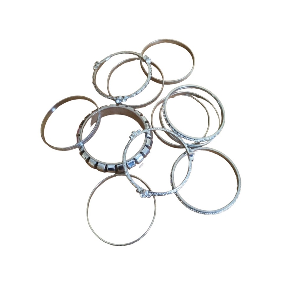 silver toned metal set of 11 with rhinestones bracelets bangles hippie boho
